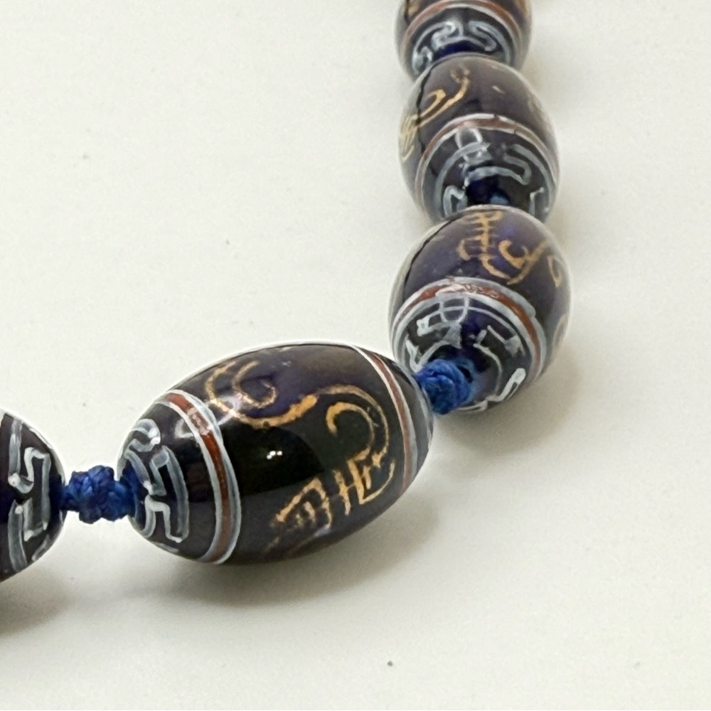 Vintage Cobalt Blue Gold Painted Asian Bead Necklace Retro Costume Jewelry 26”